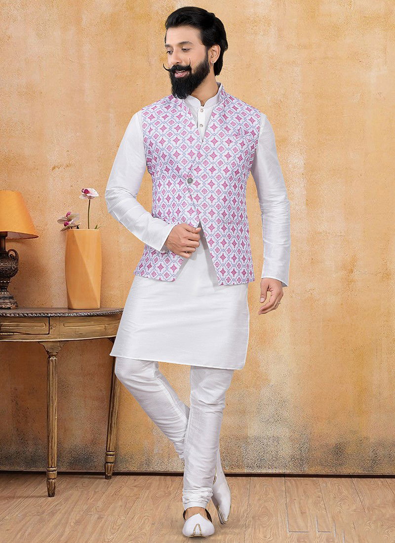 Pink Heavy Designer Fancy Festive Wear Kurta Pajama With Jacket Collection 1284